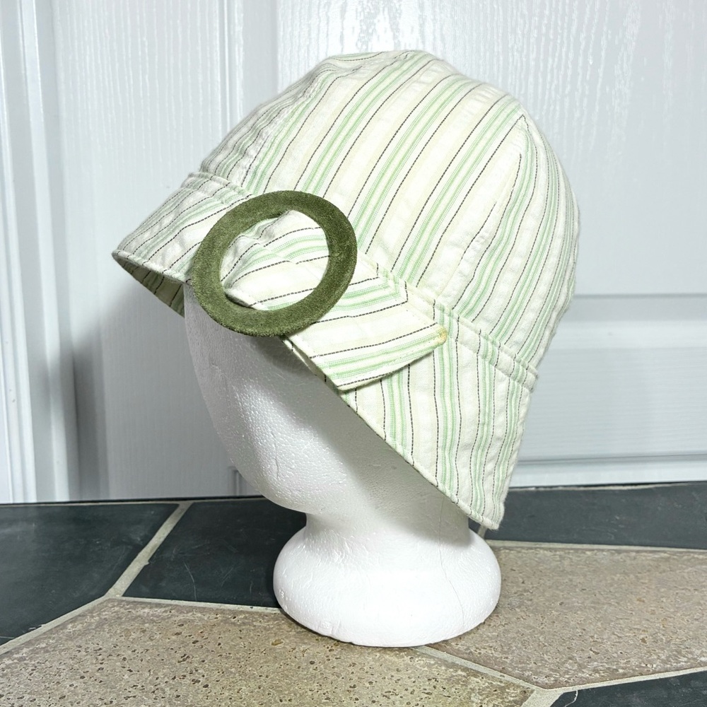 Anthro Hat Attack Green Stripe Cotton Cloche Hat w/ Suede Buckle - Picture 2 of 10